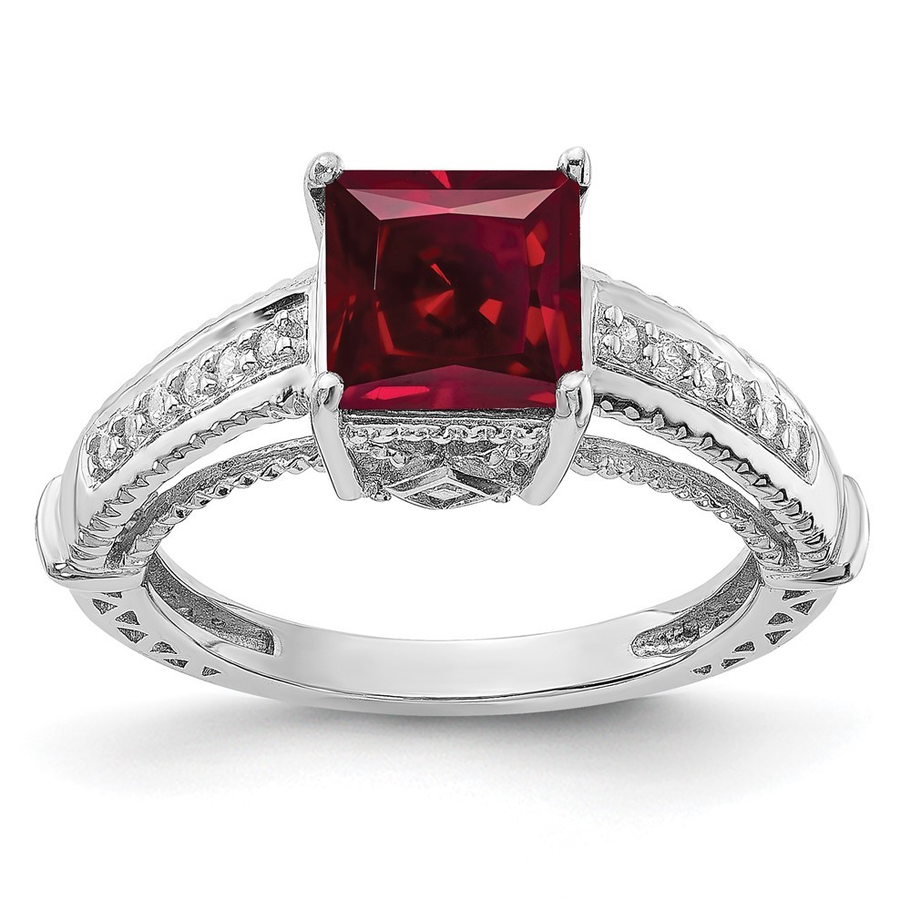 925 Sterling Silver Rhodium-plated Synthetic Ruby and Cubic Zirconia Ring Size 6
