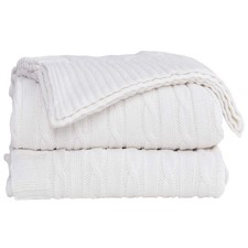 White Cotton Cable Knit Super Soft Warm Throw Blanket Machine Washable Decor