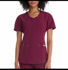 Womens Small Scrub Top -Maroon Wine-Active V Neck- Scrubstar