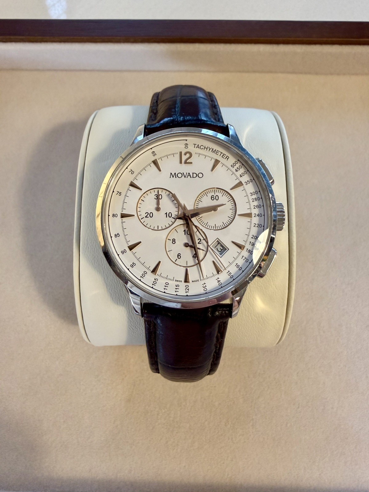 Movado Circa Chronograph Men’s Watch 42mm White Dial Swiss Quartz Leather