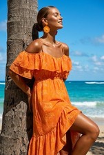 Boho Maxi Dress Coral Hippie Elastic Waist, flowy ruffled Summer