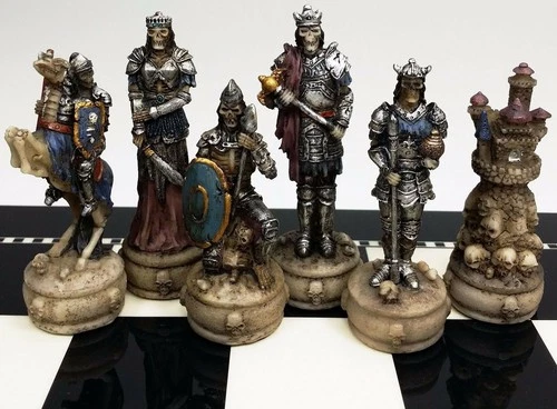 Skeleton Slayer Gothic Fantasy Skull Chess Men Set Hand Painted - No Board