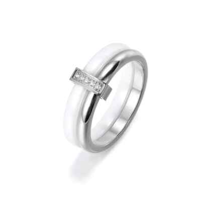 Ring zwei Ringe Keramik und Edelstahl Silber weiß Gr. 54 / USA 7
