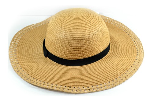 Women's Floppy Hat With Open Work Edging Summer Beach Hat One Size Natural/Tan - Picture 4 of 11