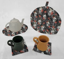 Skulls Webs & Roses Tea Pot Cozy & Coaster Set
