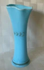 Vintage Blue Milk Glass Vase 7.5" Flared Ruffled Rim Gold Laurel Leaves Band