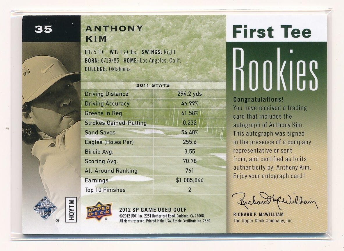 2012 SP Game Used Anthony Kim Autograph Rookie 001/299 #35 2012 SP Game Used Anthony Kim Autograph Rookie 001/299 #35