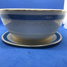 Vintage Homer Laughlin Mixing Bowl Blue Stripe w matching Underplate 9.5” Across
