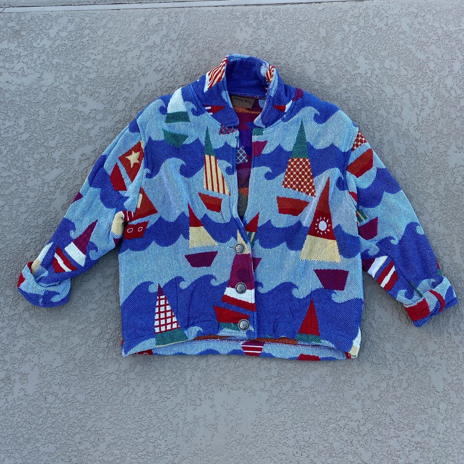 Giacca arazzo donna vintage PONY DIPINTO geometrica astratta barca a vela oceano