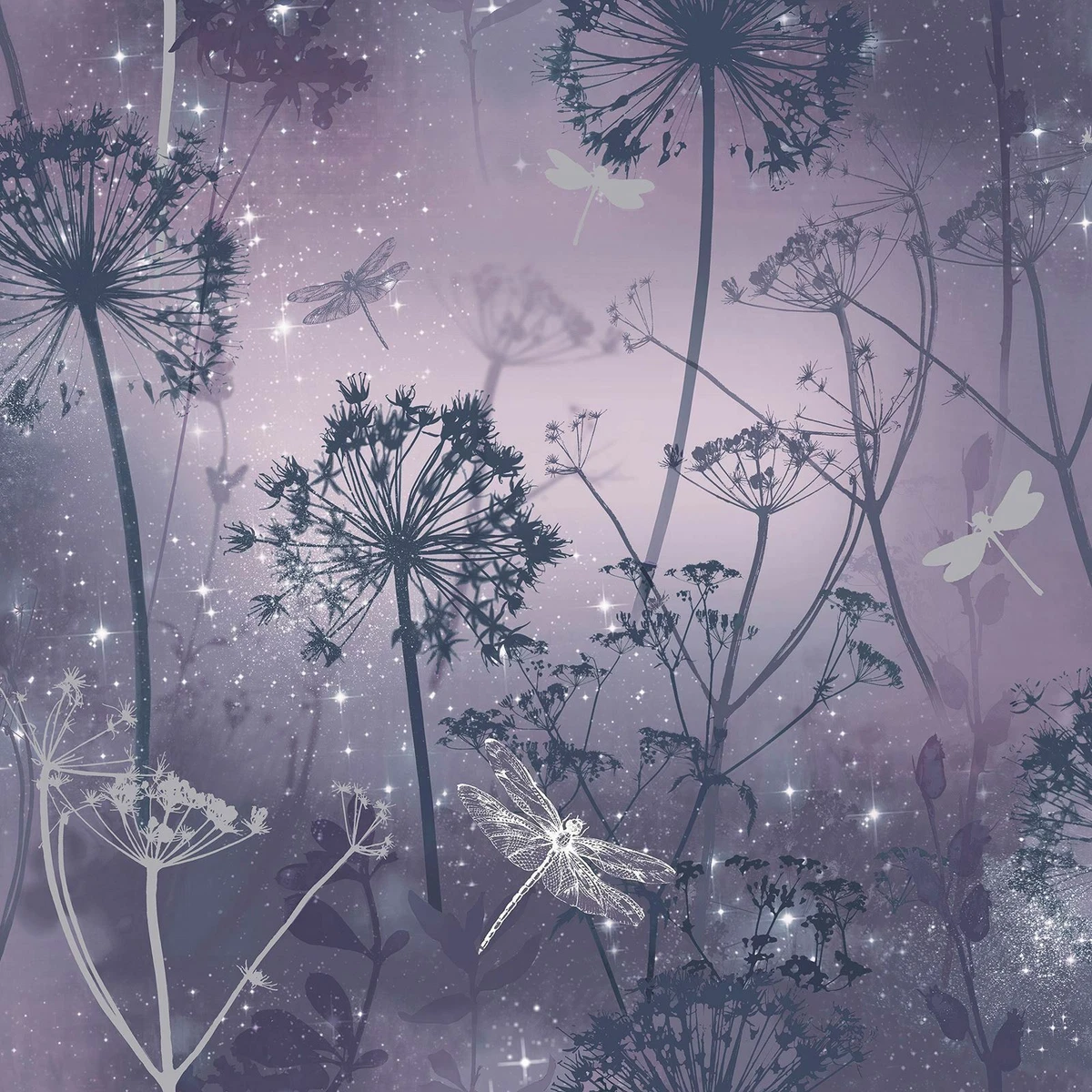 Damselfly Glitter Wallpaper Purple Silver Dandelions Trees Floral Ombre  Arthouse