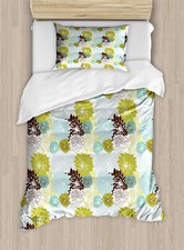 Image of Floral Duvet Cover Set Pastel Wildflower Leaves