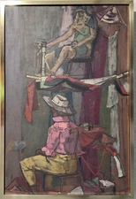 Large Original Vintage oil Painting on Canvas,  Figures, Framed, Signed Colvin