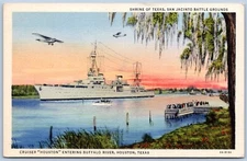 Postcard TX Cruiser Houston Entering Buffalo River Ship San Jacinto Battle P8G