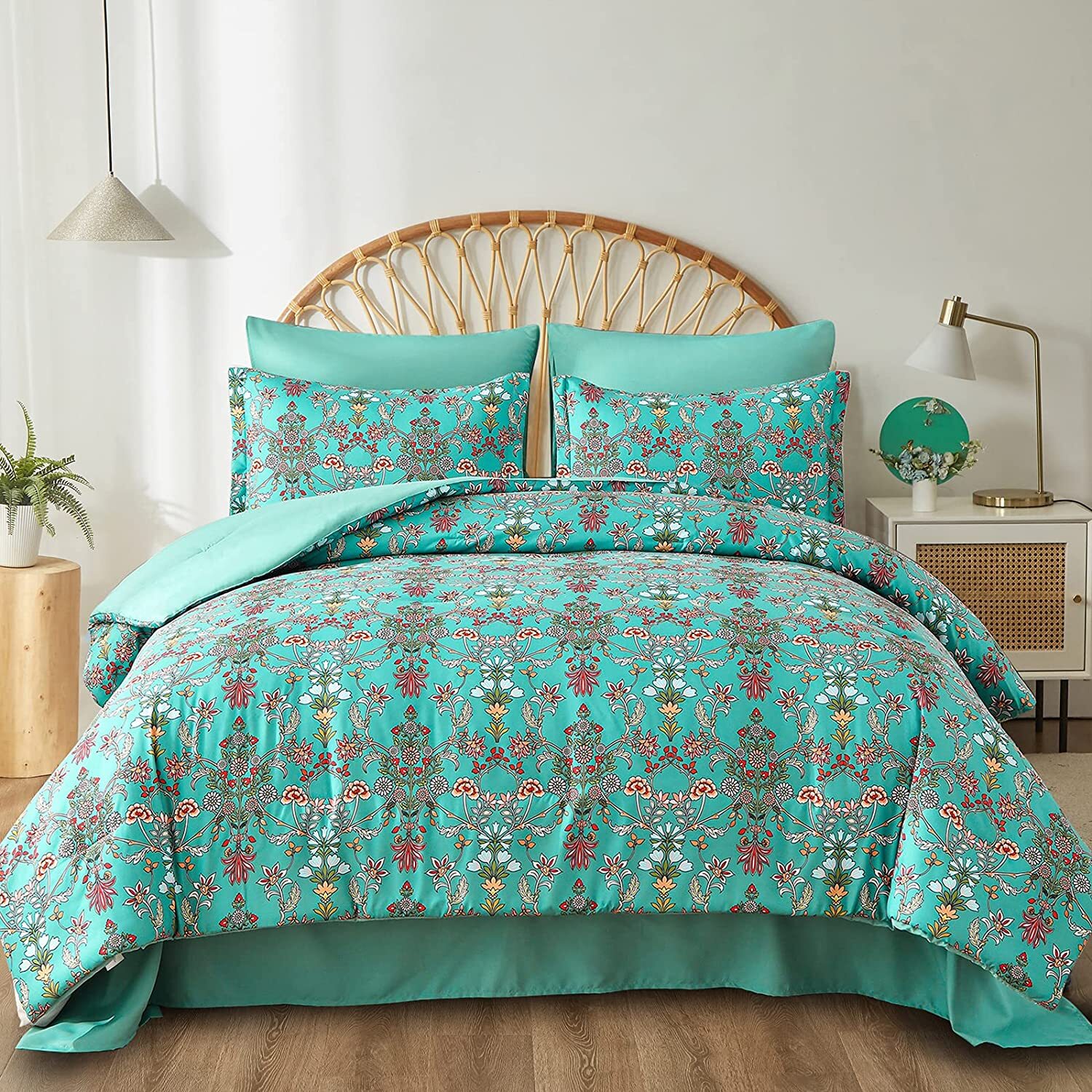 Juego de edredón floral ZEIMON 7 piezas cama en bolso reina, rosa y azul botánico