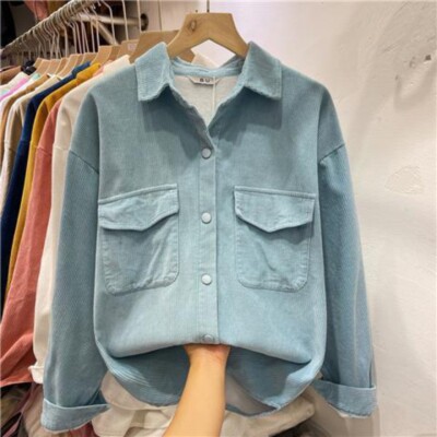 Damen Kord Hemd Bluse Jacke Top Langärmlig Knöpfe Locker Freizeit