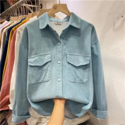 Damen Kord Hemd Bluse Jacke Top Langärmlig Knöpfe Locker Freizeit - Bild 1 von 4