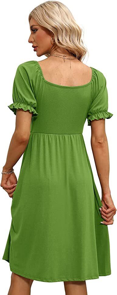 Women Casual Puff Sleeve Empire Waist Dress with pocket | eBay