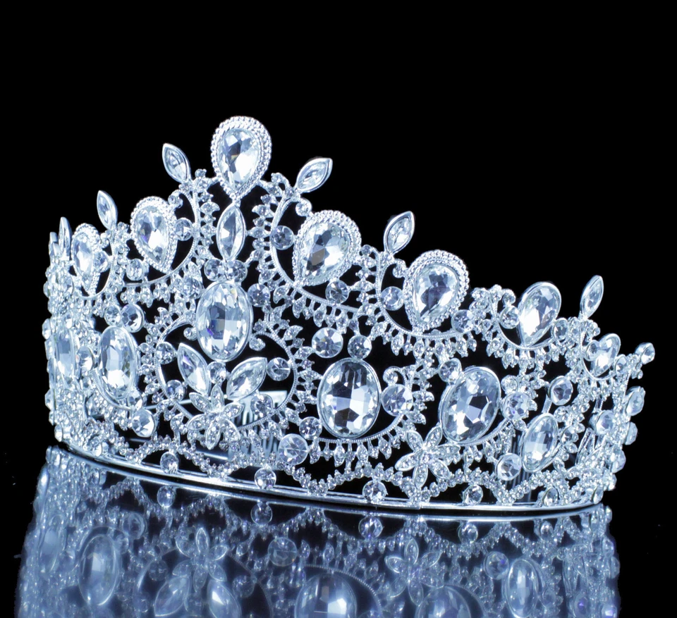 Tiara de cristal branco rainha austríaca strass pentes de cabelo coroa prata formatura T1900 - Imagem 3 de 4