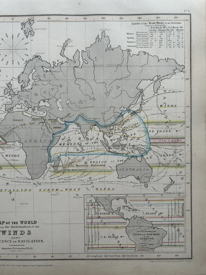 Carta de distribución de vientos del mundo de 1850 mapa coloreado a mano por Augustus Petermann Foto 3 de 3