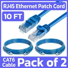 2 Pack 10 FT Cat6 Patch Cord Blue RJ45 LAN Network Cable Internet Ethernet Cord