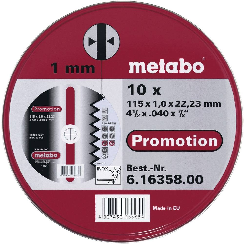 Disques à tronçonner en inox Metabo 616358000 de 115 mm pour meuleuse d'angle en lot de 10 pièces