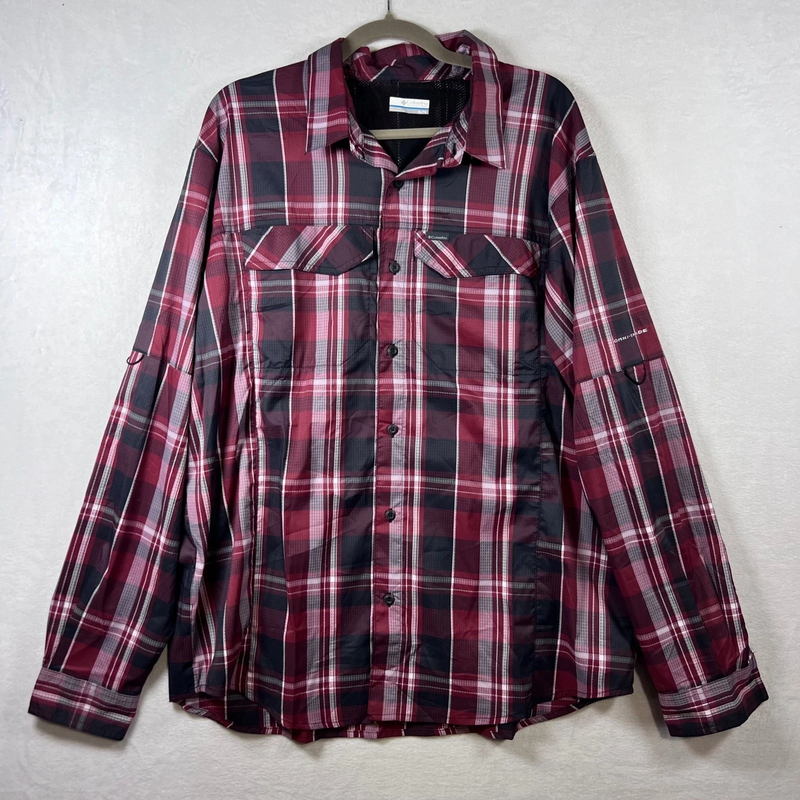 Columbia Omni-Shade Mens XL Red Plaid Long Sleeve Hiking Fishing Shirt Vented