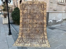 Vintage Turkish Oushak Rug 5.1x9.5 Ft Distressed Brown Wool