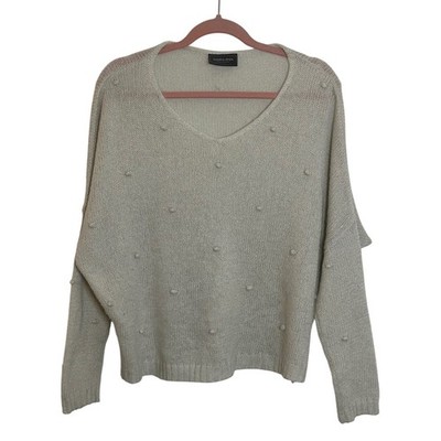 Wooden Ships Bobble V Neck Pullover Sweater Size S/M Beige Oversized Wool Blend