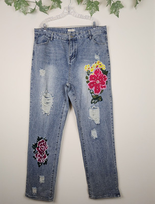 Ursime Size 3XL High Rise Boho Embroidered Floral Rhinestones Blue Denim Jean