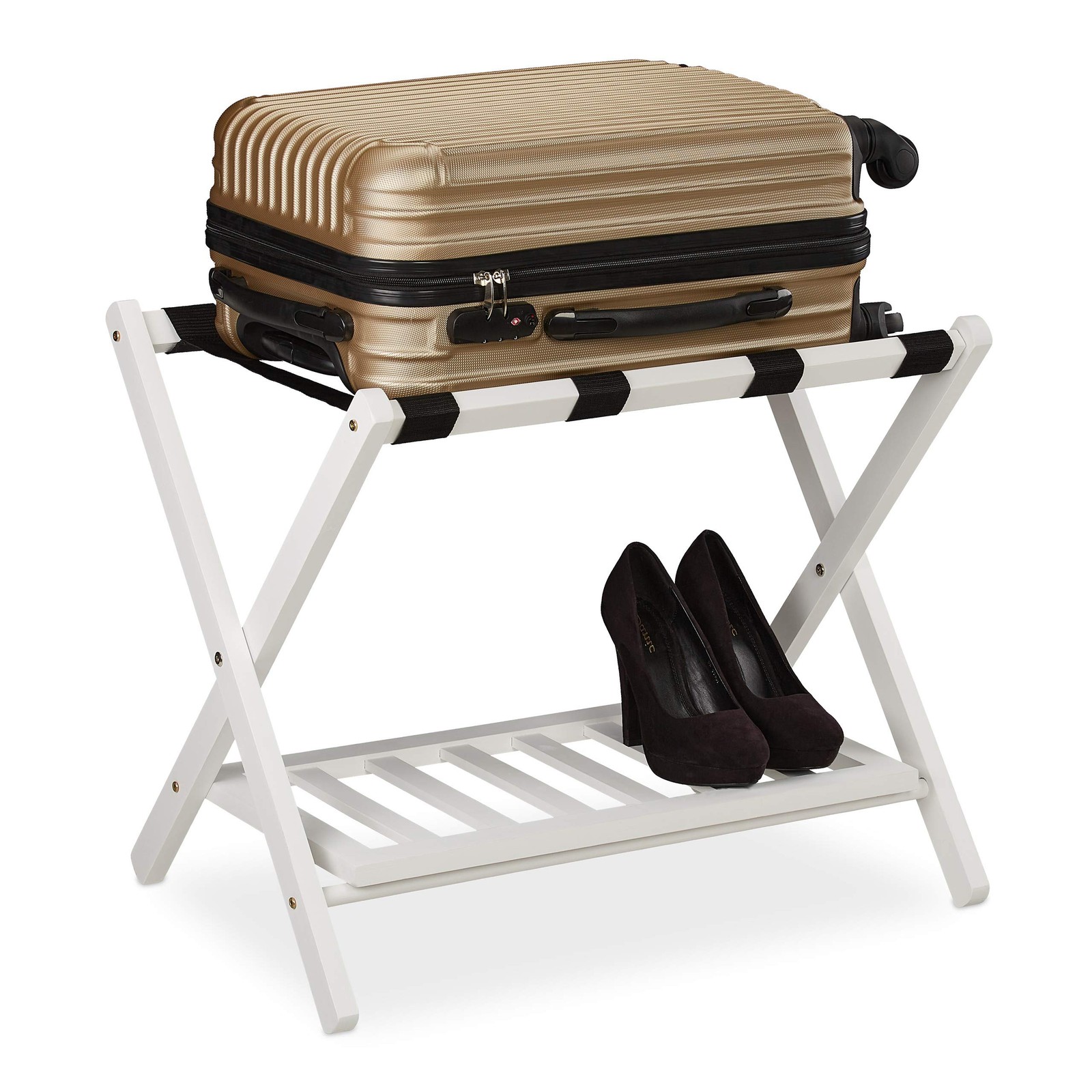 Porte-valise pliant en bois avec 2 étagères de rangement 54,5x66x44,5 cm