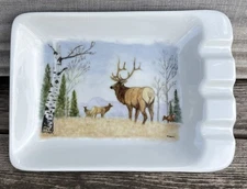 Hand Painted China Ashtray Elk Nature Scene Cigar Cigarette Artist Signed