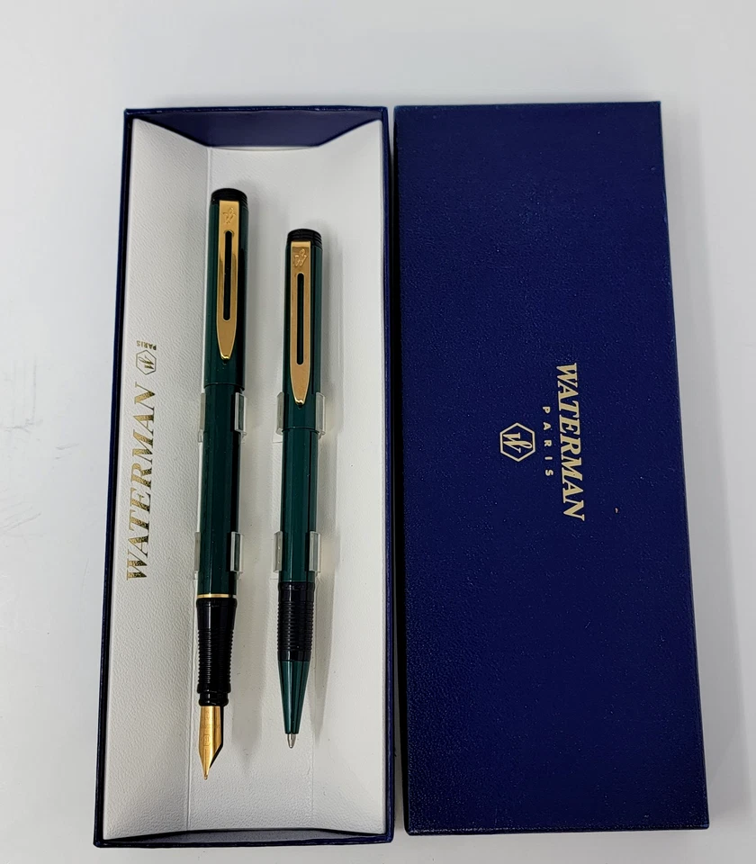 Pluma Estilográfica Waterman Verde De Colección Placa Dorada Plumín/Juego de Bolígrafos Sin Tinta Foto 3 de 4