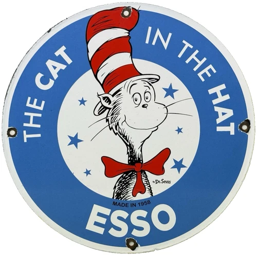 VINTAGE ESSO GASOLINE PORCELAIN SIGN GAS OIL PUMP PLATE CAT IN THE HAT DR SEUSS