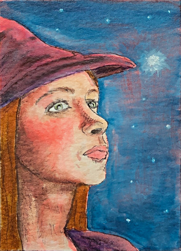 ACEO Original Witch Stargazing Night Sky Hallowed Magic theenchantednook