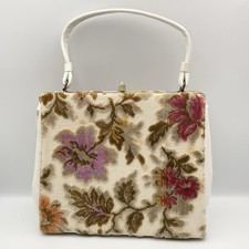 Vintage 1960s Garay Floral Tapestry Frame Handbag White Handle Gold Trim Carpet