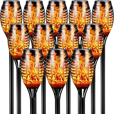 12pcs Solar Torch Lights with Flickering Flames - Waterproof Outdoor Garden Lamp