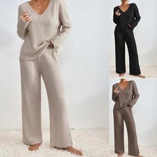 2PCs Ladies Lounge Wear Tracksuit Ribbed Knit Loose V Neck Tops Pants Casual Set