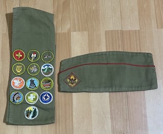 Vintage Boy Scouts of America BSA Cap Hat & Sash with 13 Circular Merit Patches