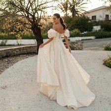 Vestidos de novia ALine con hombros descubiertos manga corta apliques de encaje playa con cordones espalda
