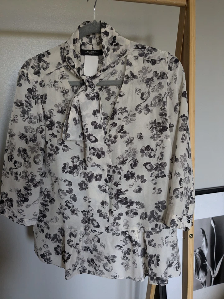 Stunning Max Mara Weekend Silk Chiffon Blouse Shirt Top Bow Neck Grey White M — 第 3/4 张图片