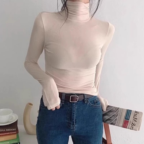 Damen Bonbonfarben Stretch Slim Rollkragen Langarm T-Shirt Slim Bluse Tops - Bild 32 von 33