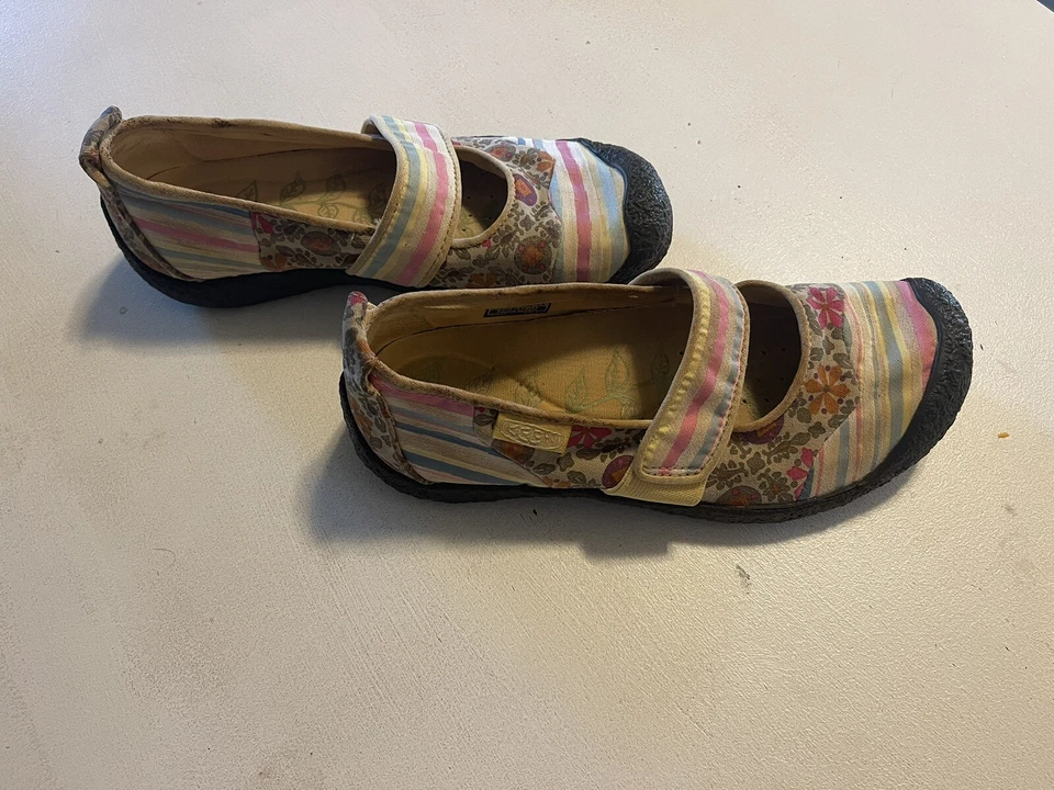  Keen женские туфли Marie 6,5 США холст цветочный полоски Mary Jane круглый носок ремень - Изображение 2 из 4