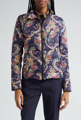 Etro Blue Paisley Print Down Puffer Jacket sz 44