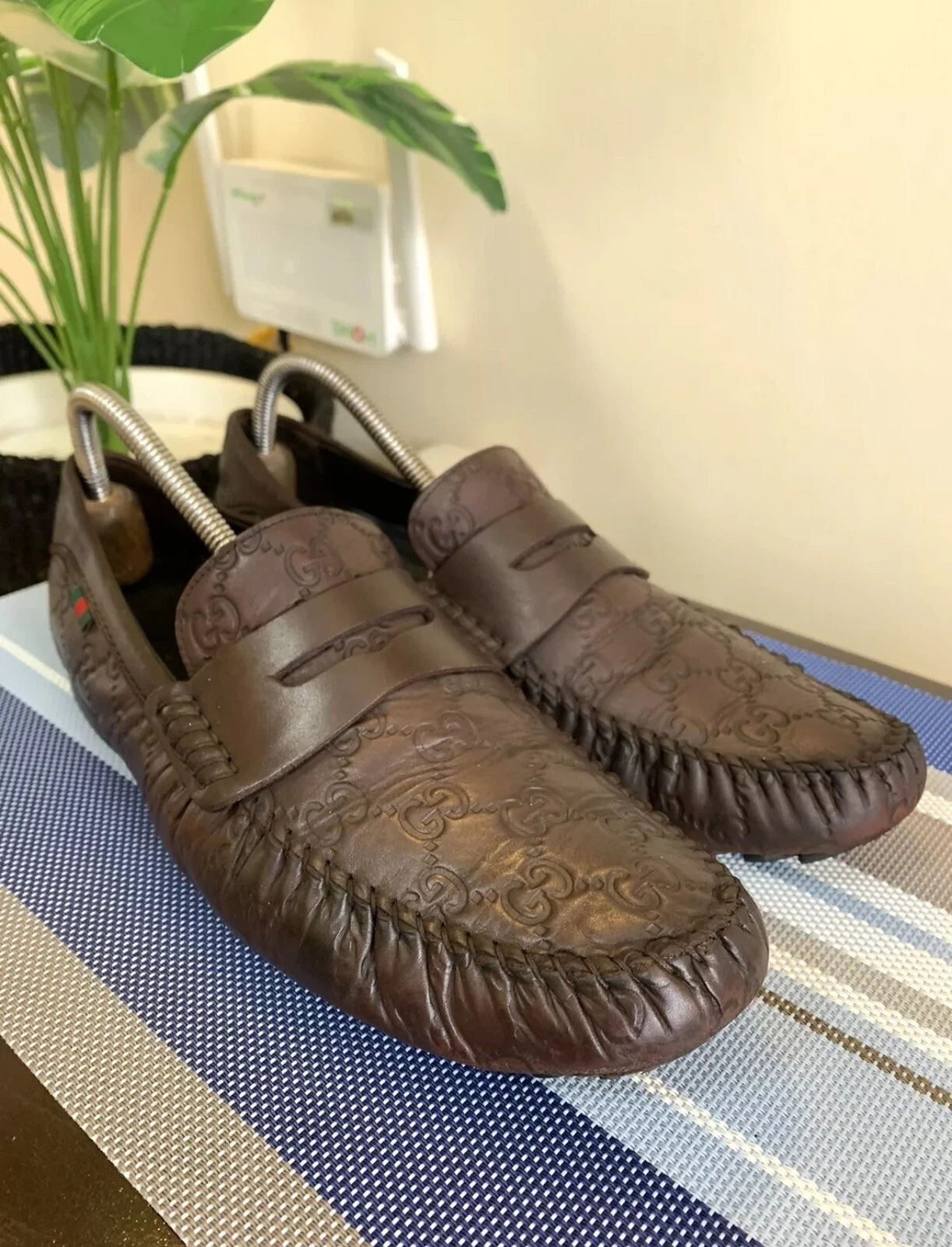 Mocassins authentiques GUCCI Guccissima GG logo monogramme US 7 cuir marron 170618