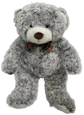 F.A.O. Schwarz Teddy Bear Curly Fur Plush Gray Plaid Bow Stuffed Animal 18"
