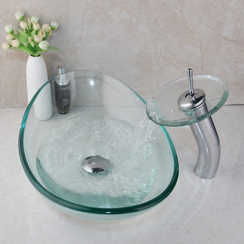 US Oval Bathroom Vessel Sink Clear Tempered Glass Basin Bowl Drain Waterfall Tap - Picture 8 of 9