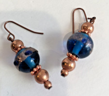Handmade Boho dangle earrings copper wire/beads blue stone