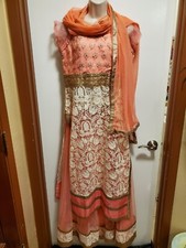 Kameez Skirt  Duppata Pakistani Fashion Set Peach And Gold Lace Size XL