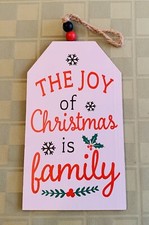 Joy Of Christmas Is Family Tag Shape Hanging Wood Sign Beads 7.5  x4.25  NEW