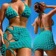 Women Lace Up Bathing Suit 3 Pieces Solid Color Swimsuit Lady Bikinis Set